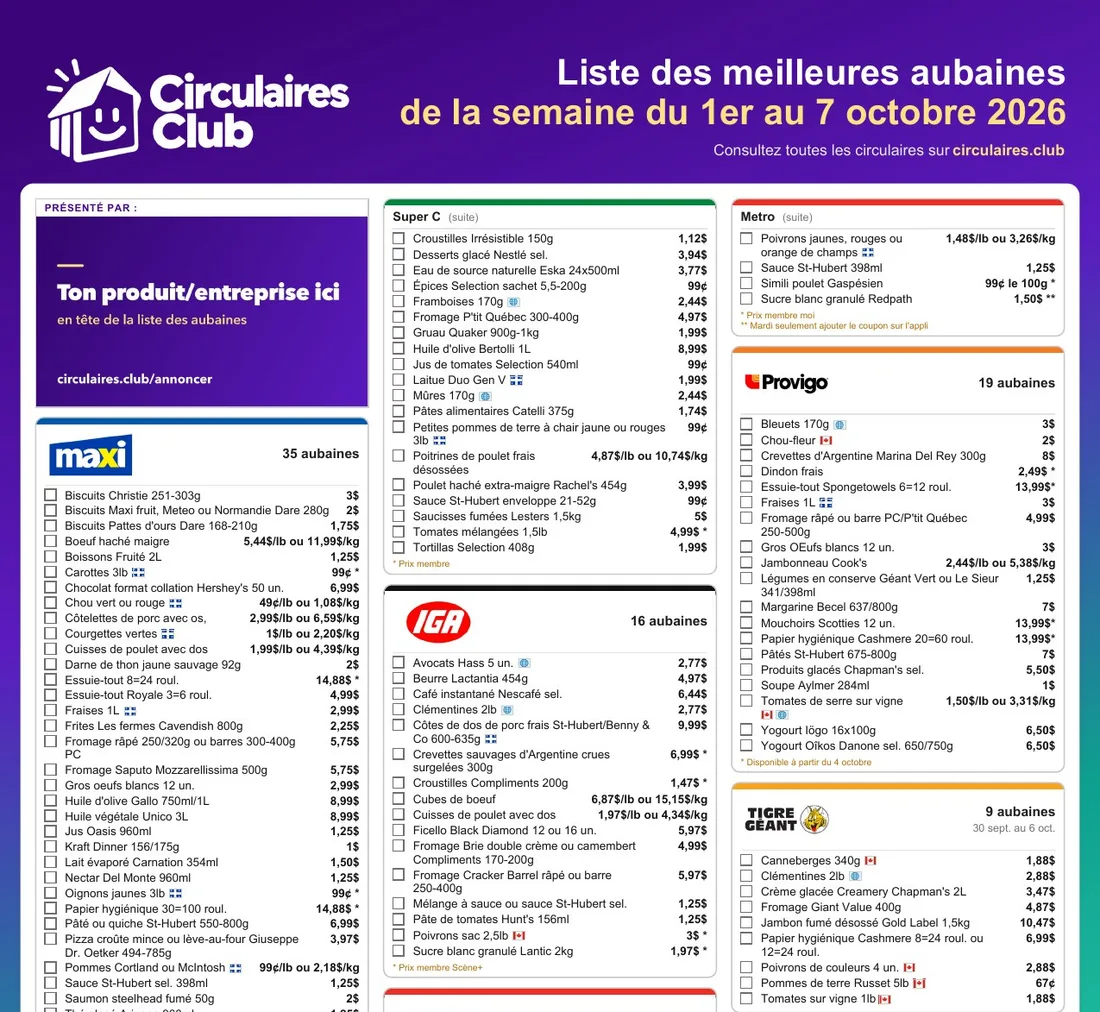 Exemple : le haut de la liste à imprimer, la carte « Ton produit/entreprise ici » en tête de la première colonne