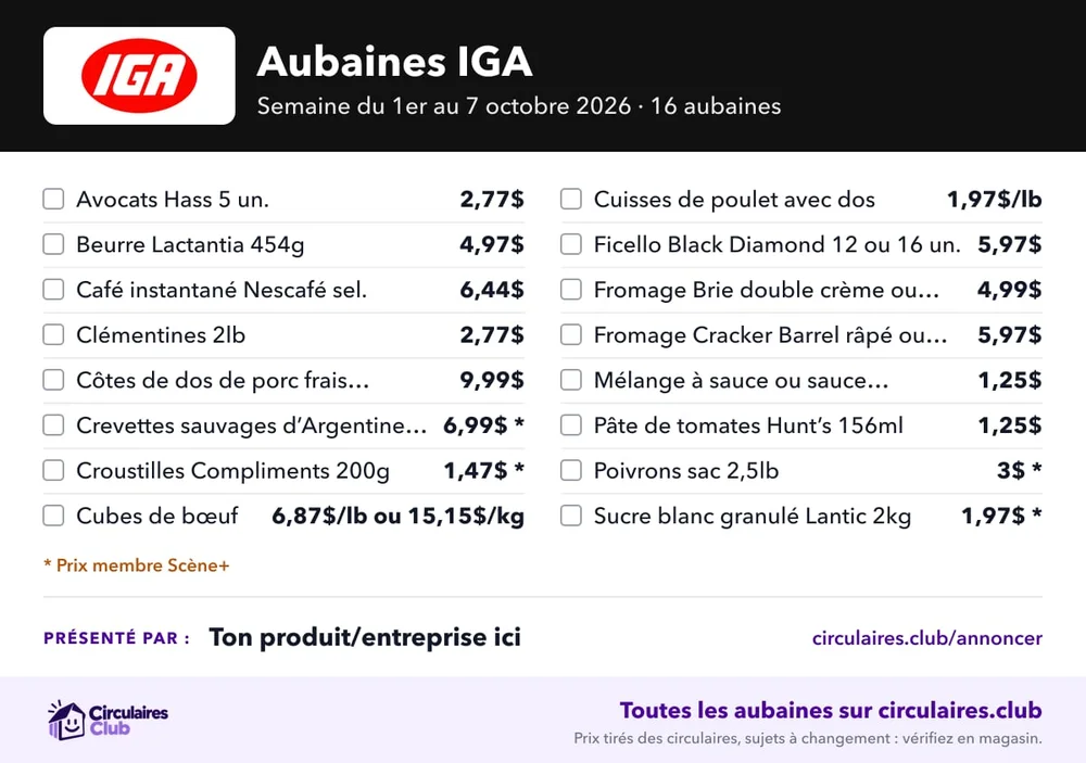 Exemple : la fiche en image des aubaines IGA, avec « Présenté par : Ton produit/entreprise ici » au bas