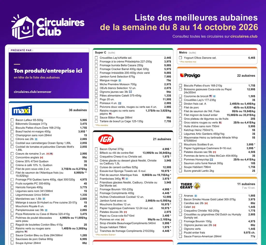 Exemple : le haut de la liste à imprimer, la carte « Ton produit/entreprise ici » en tête de la première colonne