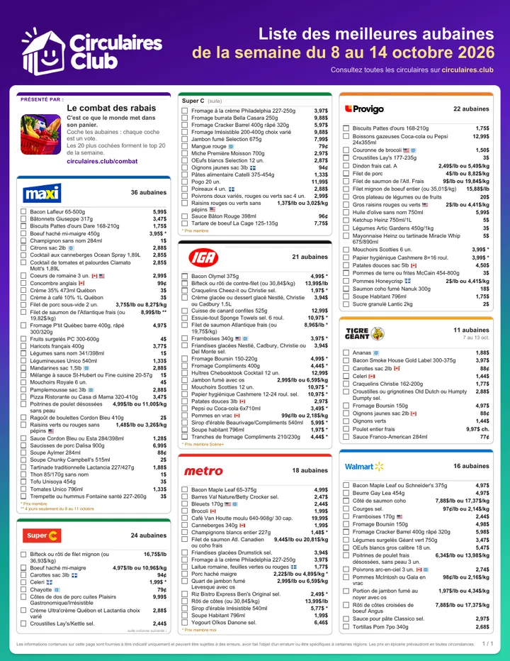 La liste des aubaines du 8 au 14 octobre 2026 sur une page
