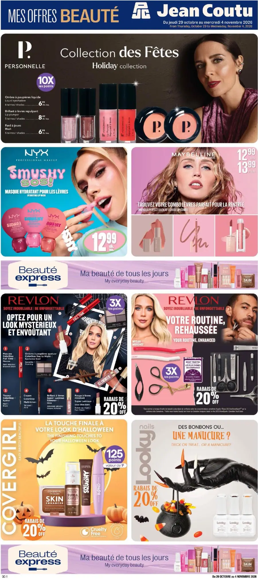 La page de couverture du cahier Jean Coutu Beauté présente une ambiance festive et colorée, mettant en avant des produits de beauté pour les Fêtes. On y trouve des collections de maquillage de marques comme Personnelle, NYX et Revlon, avec des promotions telles que 10x les points sur certains articles et des réductions de 20%. Des exemples incluent des ombres à paupières, des brillants à lèvres et des masques hydratants.