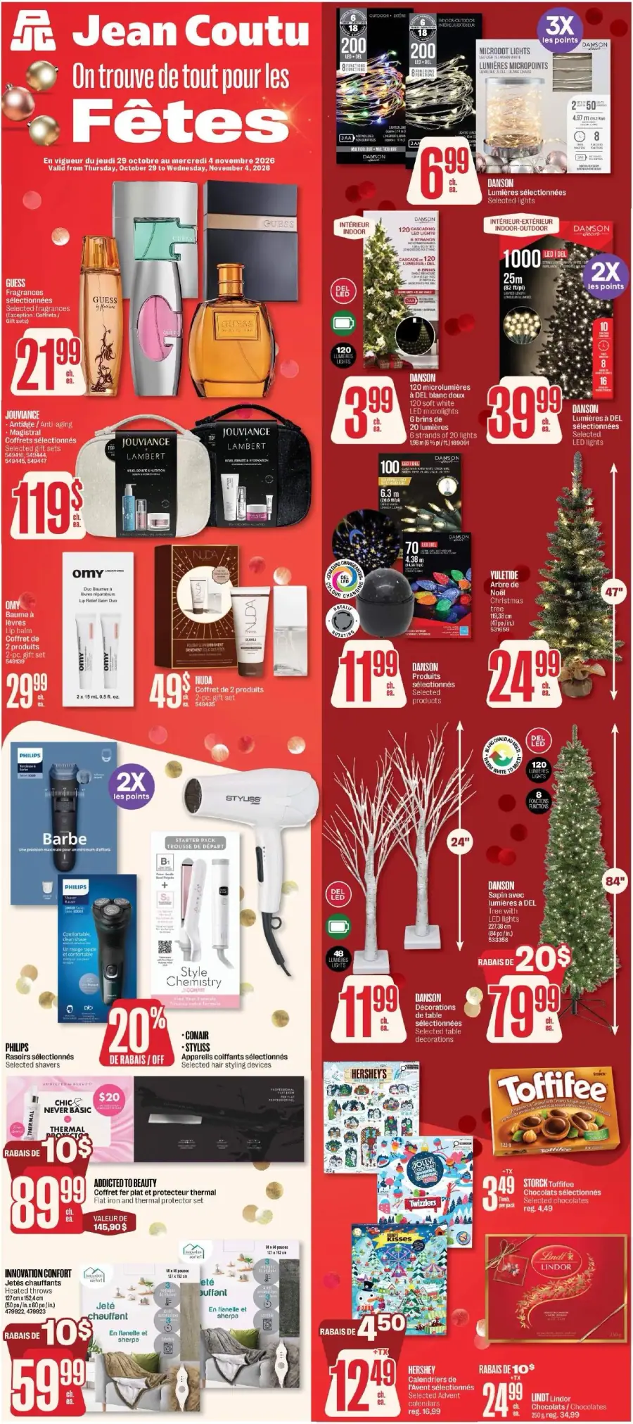 La page de couverture du cahier Jean Coutu des fêtes met en avant une ambiance festive avec des éléments décoratifs évoquant les célébrations. On y trouve des catégories variées telles que les parfums, les décorations de Noël, et les produits de beauté. Parmi les promotions, on note des ensembles de soins, des lumières LED, et des chocolats de saison, soulignant une offre diversifiée pour les fêtes.