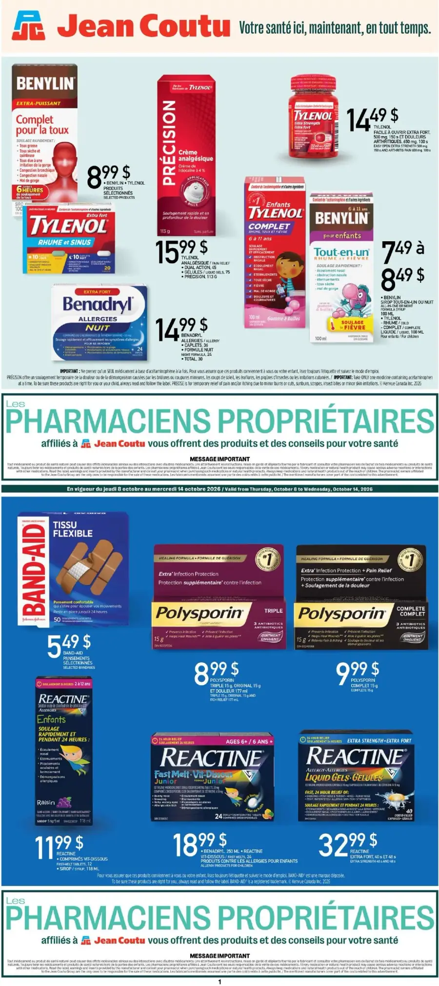 La page de couverture du cahier Jean Coutu présente une ambiance axée sur la santé et le bien-être. On y retrouve principalement des médicaments en vente, notamment des produits pour le soulagement de la toux, des allergies et des douleurs. Parmi les promotions mises en avant, on note des articles comme le Tylenol, le Benadryl et le Reactine, avec des prix visibles pour attirer l’attention des clients. La mise en page est claire, facilitant la navigation entre les différentes catégories de produits.
