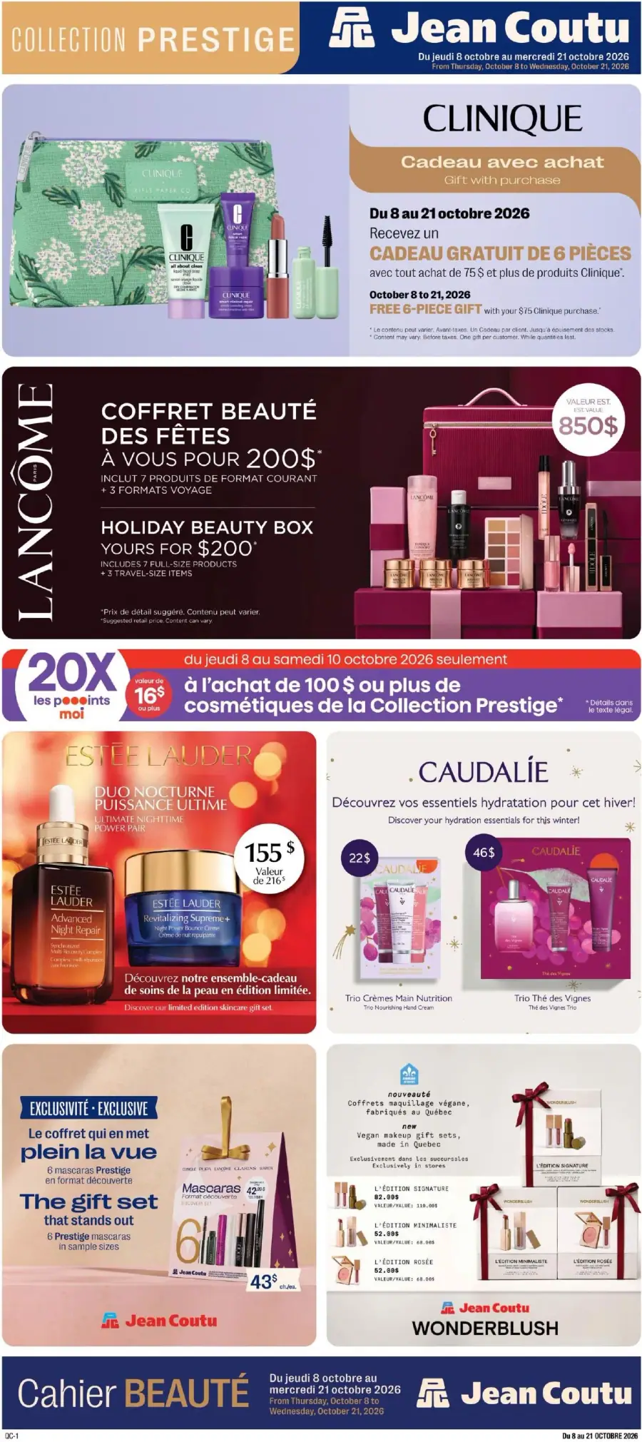 La page de couverture du cahier Jean Coutu Prestige présente une ambiance élégante et festive, mettant en avant des produits de beauté de marques renommées. On y trouve des coffrets cadeaux, comme celui de Lancôme, incluant sept produits, et des promotions sur des ensembles de soins de la peau d'Estée Lauder. Des offres de points de fidélité et des exclusivités, comme un ensemble de mascaras, sont également mises en avant, attirant l'attention sur les achats de cosmétiques.