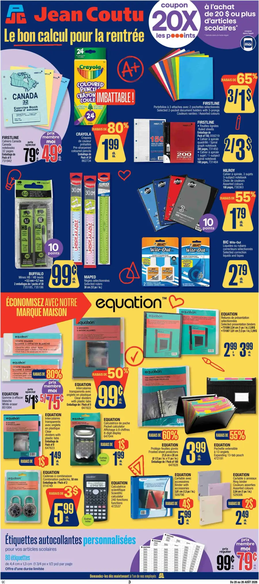 La page de couverture du cahier Jean Coutu scolaire met en avant une ambiance dynamique et colorée, idéale pour la rentrée. Les catégories de produits incluent des fournitures scolaires comme des cahiers, crayons, et classeurs. Parmi les promotions notables, on trouve des rabais allant jusqu'à 80 % sur des crayons Crayola et des cahiers Firstline, ainsi qu'une offre de points bonis pour les achats de 20 $ ou plus.