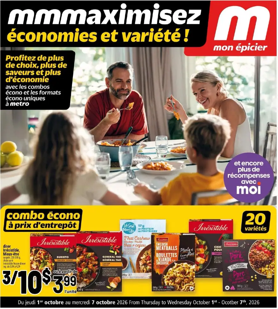La page de couverture de la circulaire Metro présente une ambiance conviviale et familiale, mettant en avant un repas partagé autour d'une table. Les catégories de produits incluent des plats préparés, avec des exemples tels que des dîners de la marque Irresistible. Les promotions notables incluent des combos économiques à prix d'entrepôt, avec une offre de 3 pour 10 $ sur certains plats. La mise en avant de 20 variétés différentes souligne la diversité des choix disponibles.
