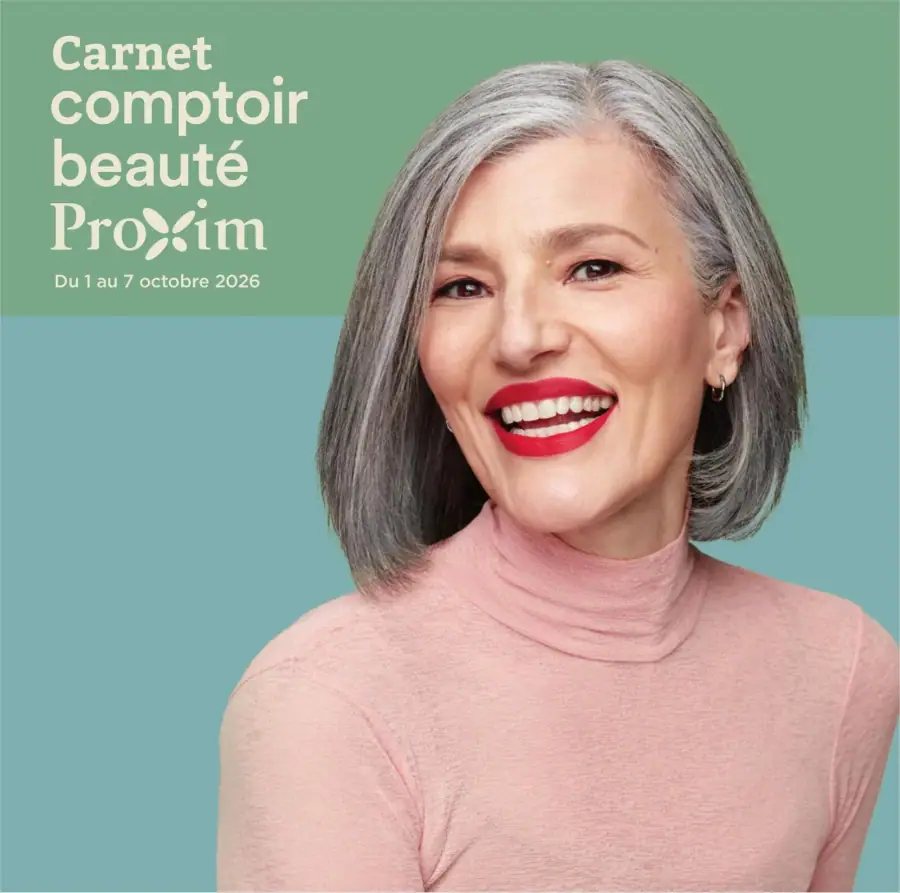 La page de couverture du Carnet Proxim Comptoir Beauté présente une ambiance chaleureuse et accueillante, dominée par des teintes pastel. On y voit une femme souriante, mettant en avant des produits de beauté tels que le maquillage et les soins de la peau. Les promotions importantes incluent des offres sur des marques populaires et des conseils de beauté, incitant à découvrir les nouveautés de la saison.