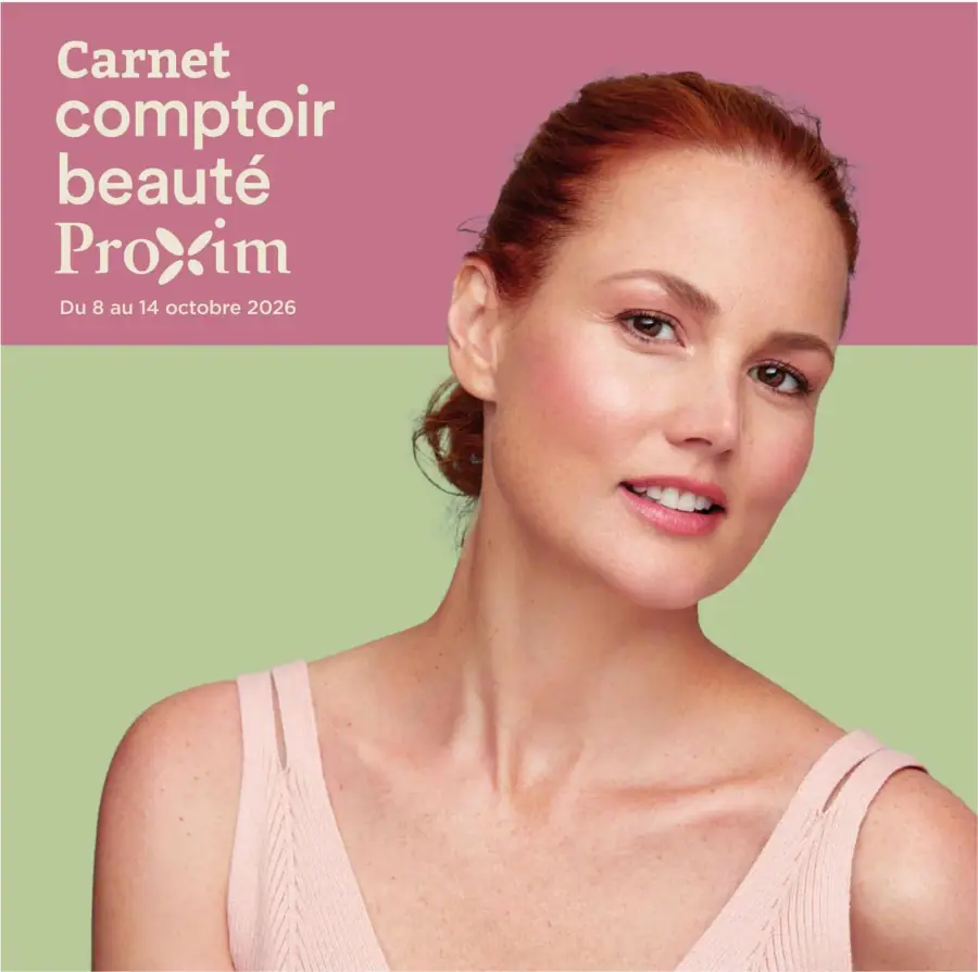 La page de couverture du Carnet Proxim Comptoir Beauté présente une ambiance douce et accueillante, avec un fond en dégradé de rose et vert. On y voit une femme au visage souriant, mettant en avant des produits de beauté. Les catégories de produits incluent des soins de la peau et du maquillage. Les promotions visibles mettent l'accent sur des offres spéciales pour des marques de cosmétiques populaires, attirant l’attention sur des articles essentiels pour la routine beauté.