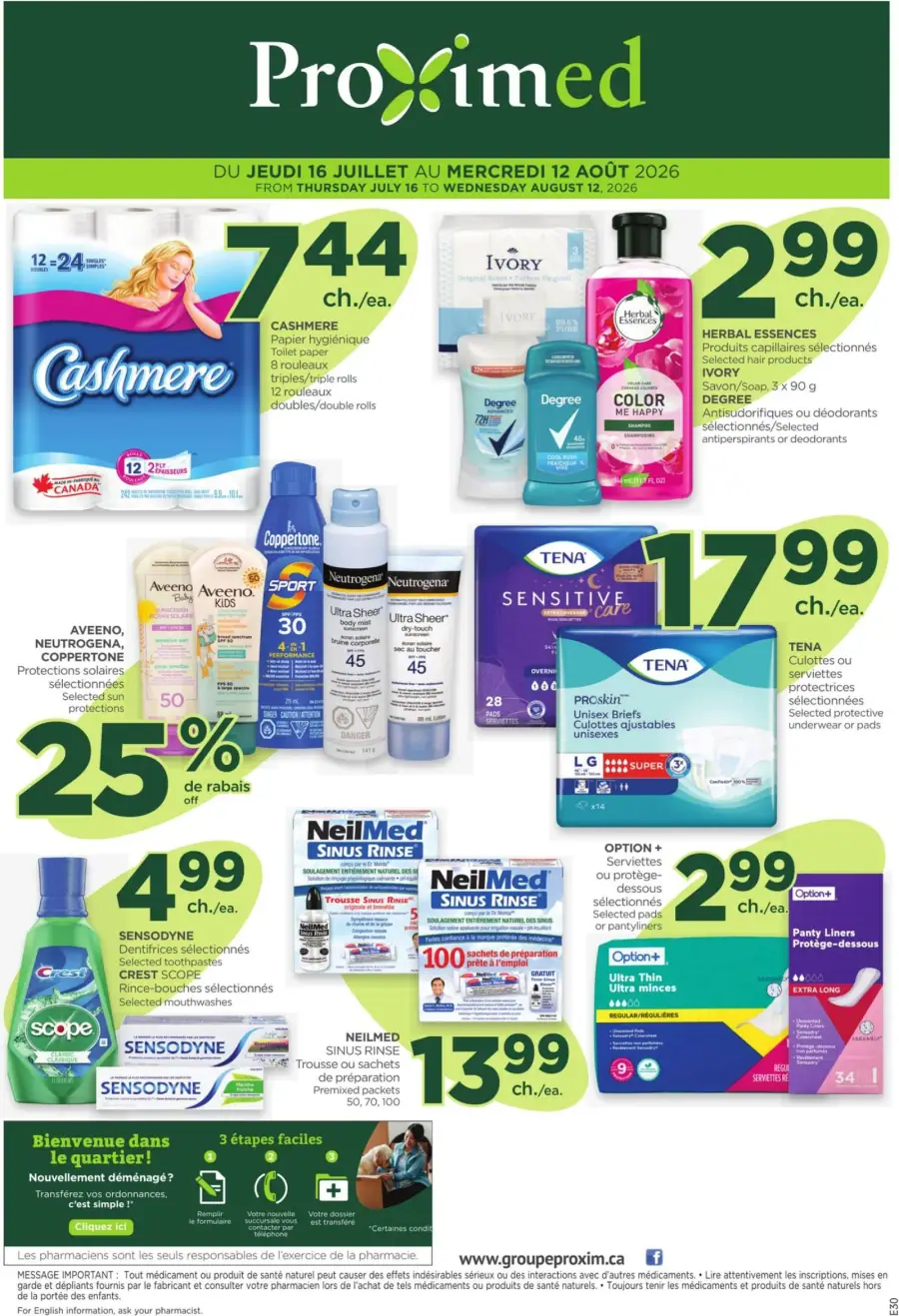 La page de couverture de la circulaire Proximed présente une ambiance claire et organisée, mettant en avant divers produits de soins personnels et d'hygiène. Les catégories incluent le papier hygiénique, les protections solaires, les soins capillaires et les soins bucco-dentaires. Parmi les promotions notables, on trouve le papier Cashmere, des produits Herbal Essences à 2,99 $ et une réduction de 25 % sur les protections solaires. Les visuels sont attrayants, facilitant la navigation à travers les offres.