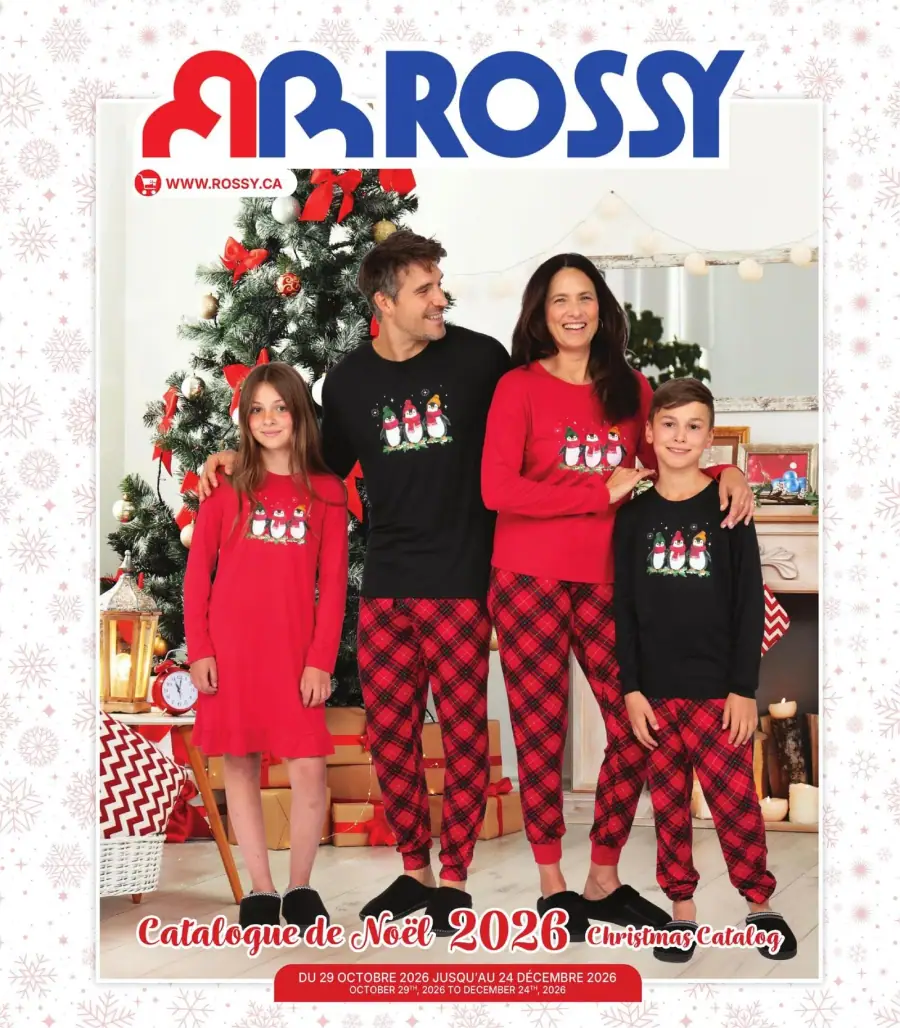 La page de couverture du catalogue de Noël Rossy présente une ambiance festive et chaleureuse, avec une famille souriante vêtue de pyjamas assortis ornés de pingouins. En arrière-plan, un sapin décoré et des éléments de décoration de Noël créent une atmosphère conviviale. Les catégories de produits mises en avant incluent des vêtements de nuit et des décorations. Les promotions importantes sont soulignées, invitant les clients à découvrir les offres spéciales de la saison.