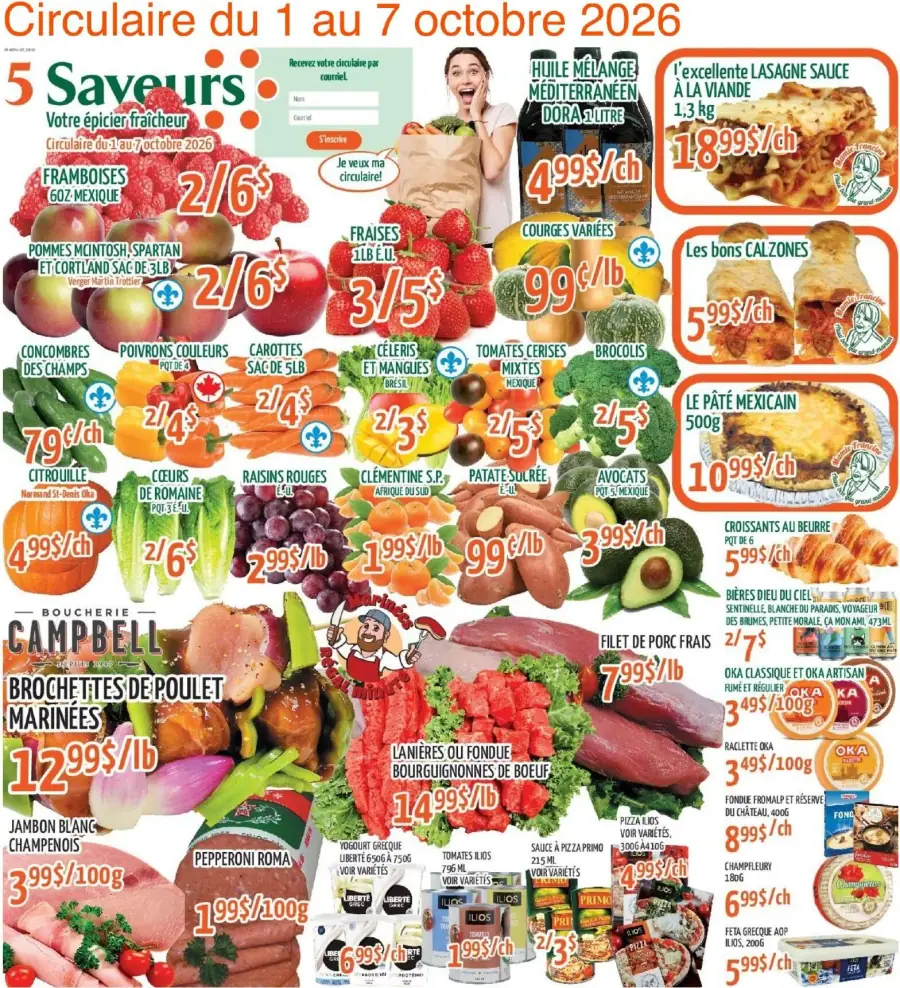 La page de couverture de la circulaire 5 Saveurs du 1 au 7 octobre 2026 présente une ambiance colorée et dynamique, mettant en avant une variété de produits frais. On y trouve des fruits et légumes tels que des framboises, des pommes et des courges variées, ainsi que des offres sur des plats préparés comme des lasagnes et des calzones. Les promotions importantes incluent des brochettes de poulet marinées et des filets de porc frais, attirant l’attention sur les produits de la boucherie.