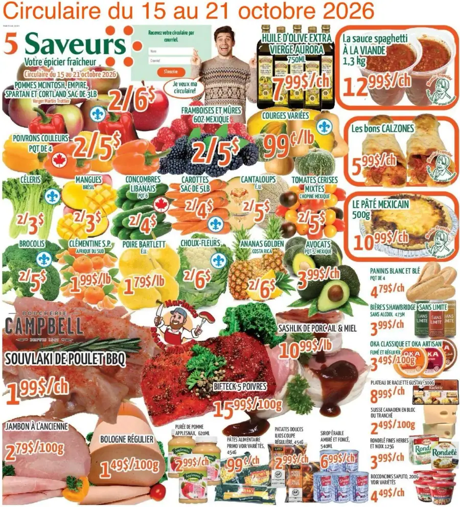 La page de couverture de la circulaire 5 Saveurs présente une ambiance colorée et accueillante, mettant en avant une variété de produits frais. Les catégories incluent des fruits et légumes, des viandes, ainsi que des produits de boulangerie. On y trouve des poivrons, des framboises, et du souvlaki de poulet BBQ, avec des promotions telles que 2 pour 5 $ sur certains légumes et des offres sur des plats préparés.
