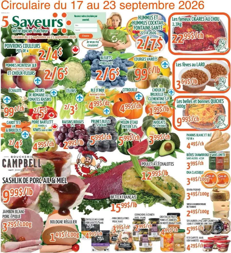 La page de couverture de la circulaire 5 Saveurs présente une ambiance colorée et dynamique, mettant en avant des produits frais. Les catégories incluent des fruits et légumes variés, des viandes, ainsi que des produits préparés. On y voit des poivrons colorés, des bleuets, et des courges variées. Les promotions notables incluent des rabais sur les légumes, comme les poivrons à 2 $ pour un pot de 4, et des offres sur les viandes, comme le sashlik de porc à 9,99 $/lb.