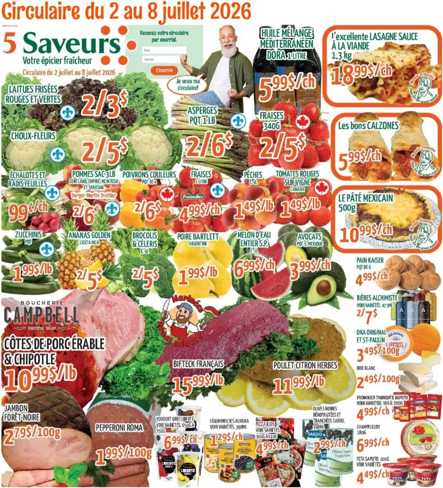 La page de couverture de la circulaire 5 Saveurs présente une ambiance colorée et fraîche, mettant en avant une variété de produits alimentaires. Les catégories incluent des fruits et légumes frais, des viandes, des produits laitiers et des plats préparés. On y trouve des promotions sur des articles tels que les fraises, les côtes de porc, et des sauces, attirant l’attention sur des offres comme les lasagnes et les calzones. Les visuels sont dynamiques, reflétant la diversité des choix disponibles.