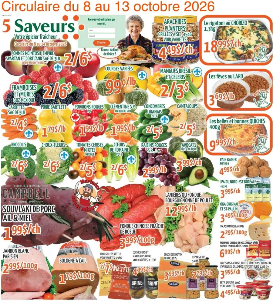La page de couverture de la circulaire 5 Saveurs présente une ambiance colorée et accueillante, mettant en avant une variété de produits frais. On y trouve des fruits et légumes tels que des framboises, des carottes, et des poivrons, ainsi que des viandes comme le souvlaki de porc et la fondue chinoise. Les promotions importantes incluent des offres sur les légumes variés et des plats préparés, attirant l’attention sur des produits spécifiques comme les quiches et les pâtes au chorizo.