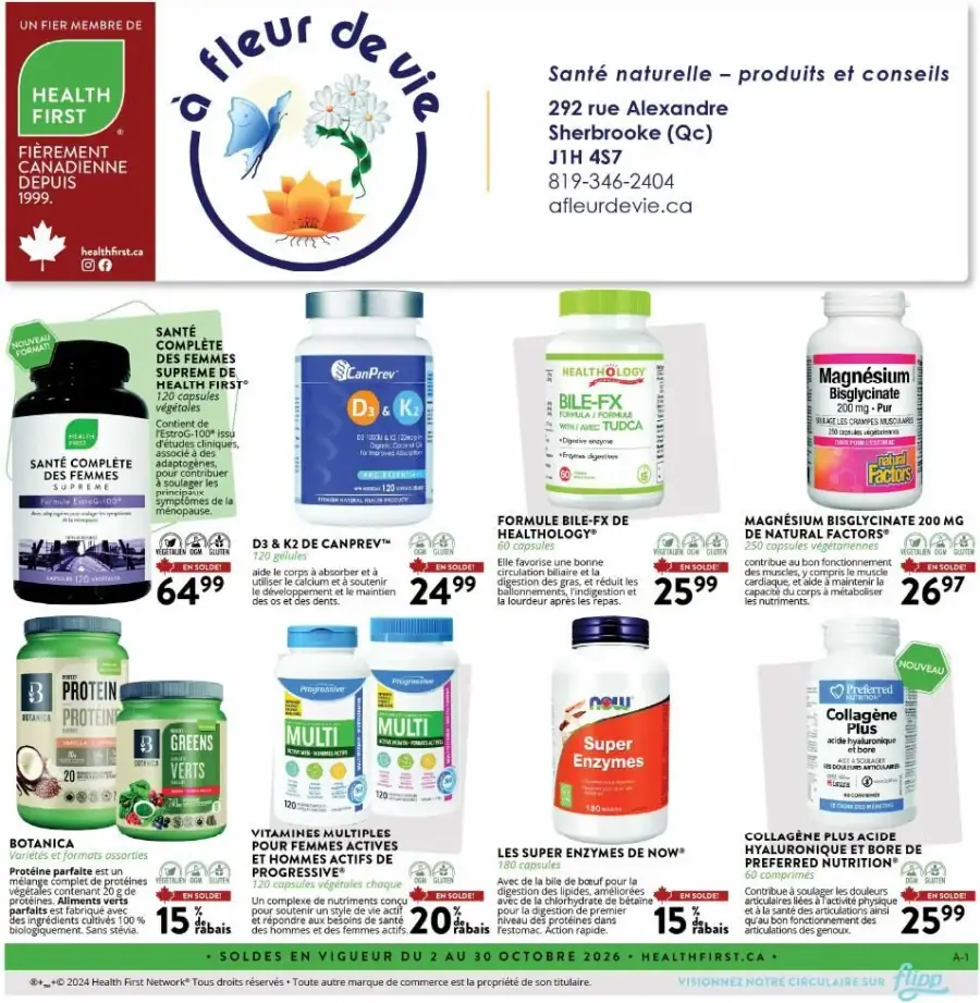 La page de couverture de la circulaire "À fleur de vie" présente une ambiance apaisante, centrée sur la santé naturelle. Les catégories de produits mises en avant incluent des suppléments nutritionnels, des vitamines et des enzymes. On y trouve des exemples tels que la "Santé complète des femmes" et le "Magnésium bisglycinate". Les promotions notables incluent des réductions allant jusqu'à 20 % sur certains produits, soulignant l'engagement envers le bien-être.