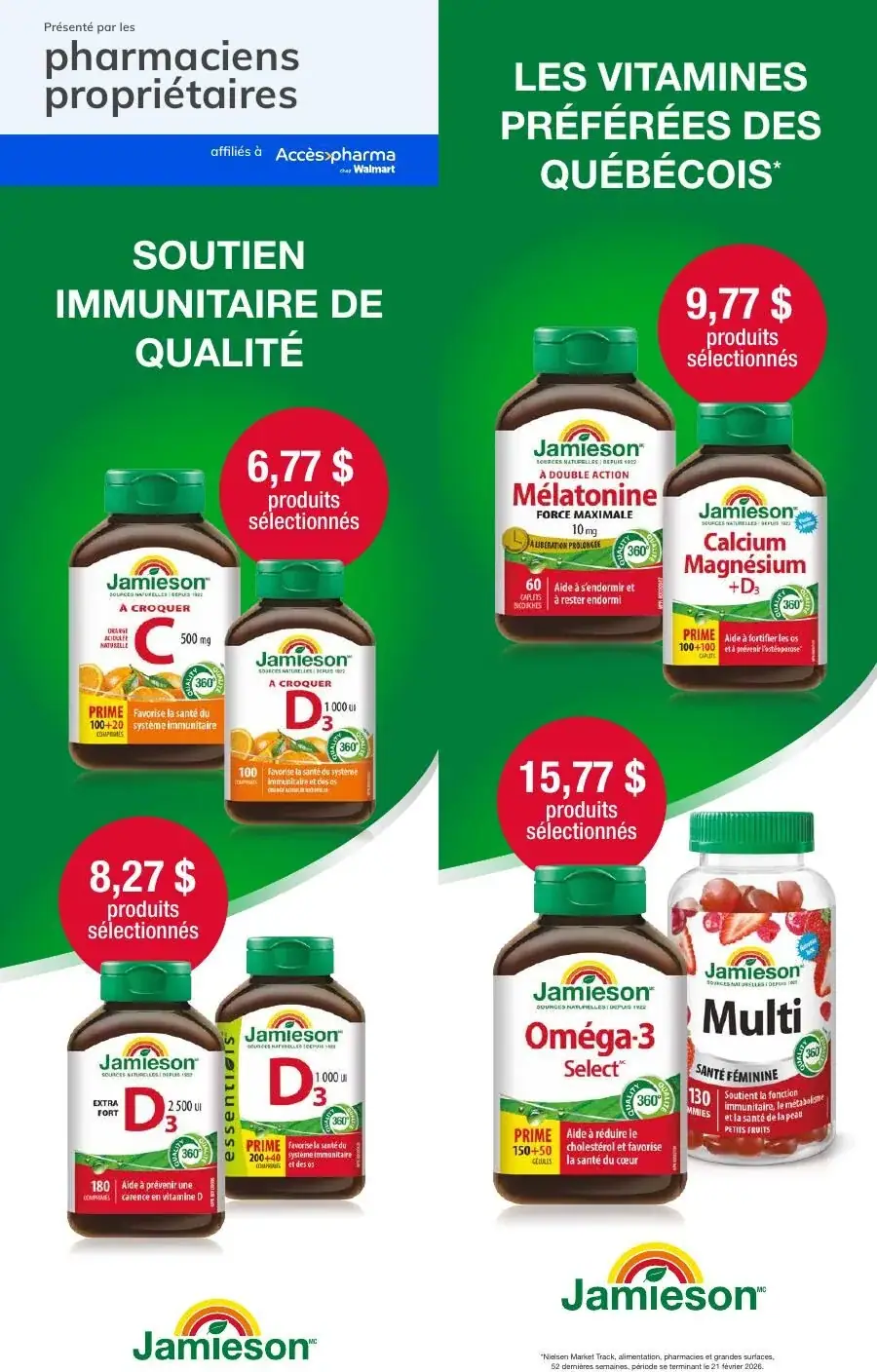 La page de couverture de la circulaire Accès Pharma présente une ambiance dynamique et colorée, mettant en avant des produits de santé et de bien-être. Les catégories de produits incluent des vitamines et des suppléments, avec des exemples tels que la mélatonine, le calcium et le magnésium, ainsi que des vitamines D. Des promotions sont clairement affichées, comme des prix attractifs pour des produits sélectionnés, attirant l’attention sur les offres spéciales.