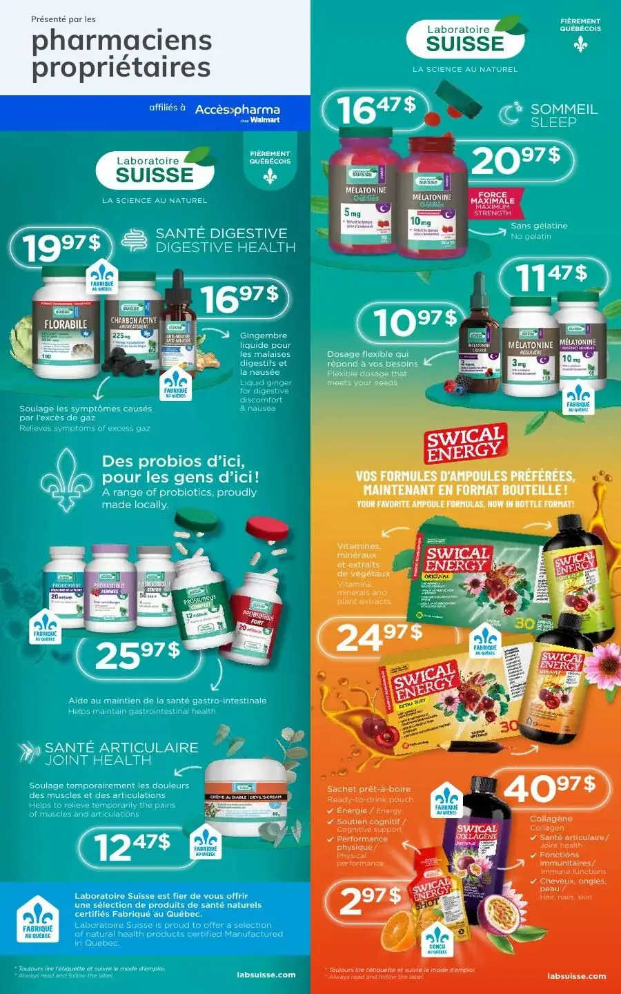La page de couverture de la circulaire Accès Pharma présente une ambiance dynamique et colorée, mettant en avant des produits de santé naturels. Les catégories incluent la santé digestive, le sommeil, et la santé articulaire. On y trouve des exemples tels que le "Florabille" pour le confort digestif et la "Melatonine" pour le sommeil. Les promotions importantes incluent des prix réduits sur divers suppléments, soulignant l'engagement envers des produits fabriqués au Québec.