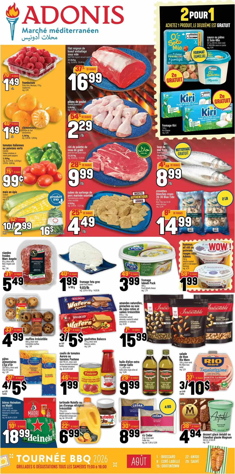 La page de couverture de la circulaire Adonis présente une ambiance colorée et attrayante, mettant en avant des produits frais et variés. Les catégories incluent des viandes, des fruits, des légumes, des produits laitiers et des collations. Parmi les promotions notables, on trouve des rabais sur le filet mignon de boeuf, les pilons de poulet, ainsi que des offres "2 pour 1" sur certains produits laitiers. Des produits méditerranéens, comme le fromage feta et l'houmous, sont également mis en avant.
