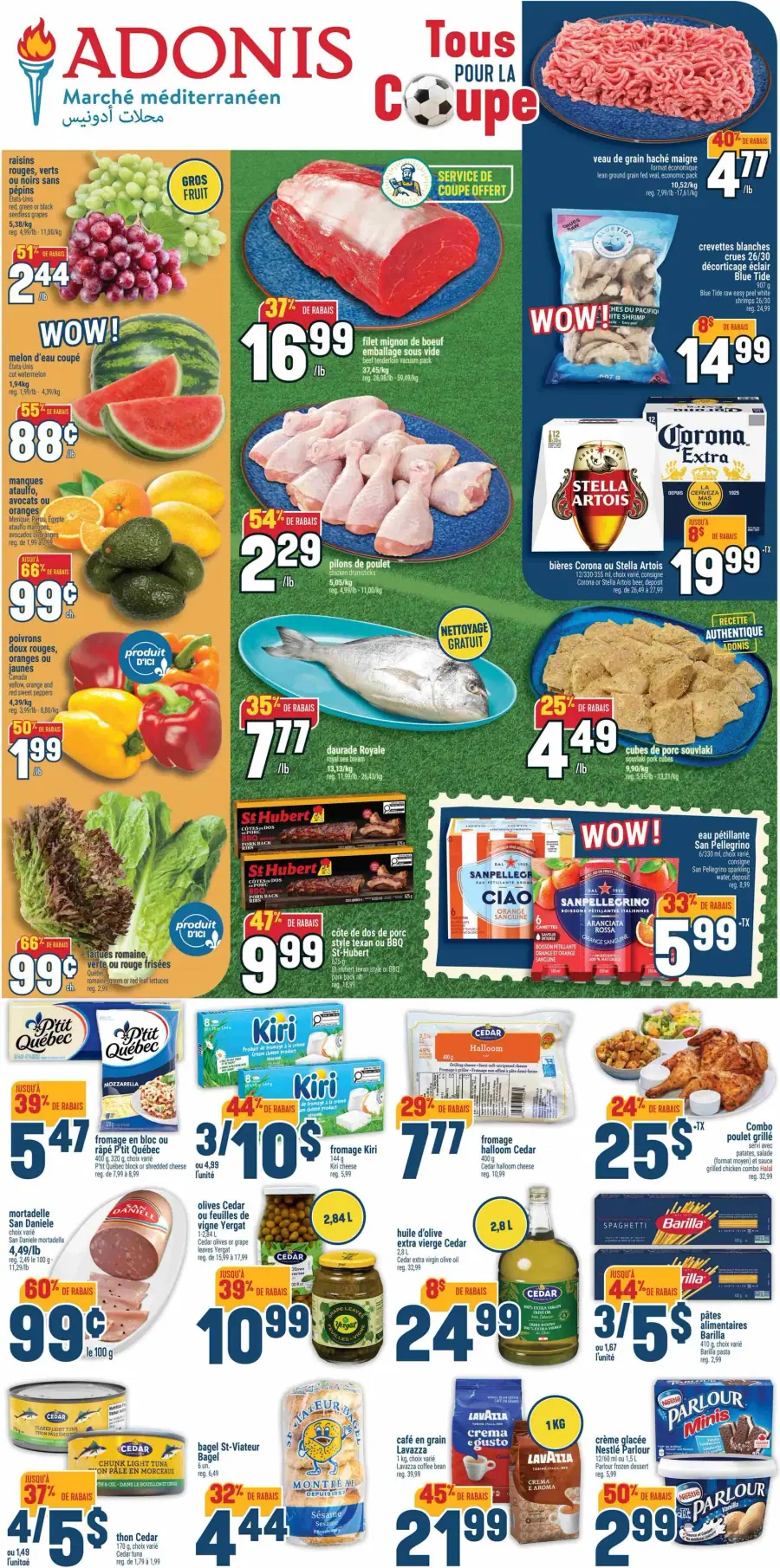 La page de couverture de la circulaire Adonis présente une ambiance estivale et conviviale, mettant en avant des produits frais et variés. Les catégories incluent fruits, viandes, produits laitiers et boissons. Parmi les promotions notables, on trouve des melons d'eau à 88 ¢, des pilons de poulet à 2,29 $/lb et des crevettes blanches à 14,99 $. Des offres spéciales sur des produits comme le fromage Kiri et des bières sont également mises en avant.