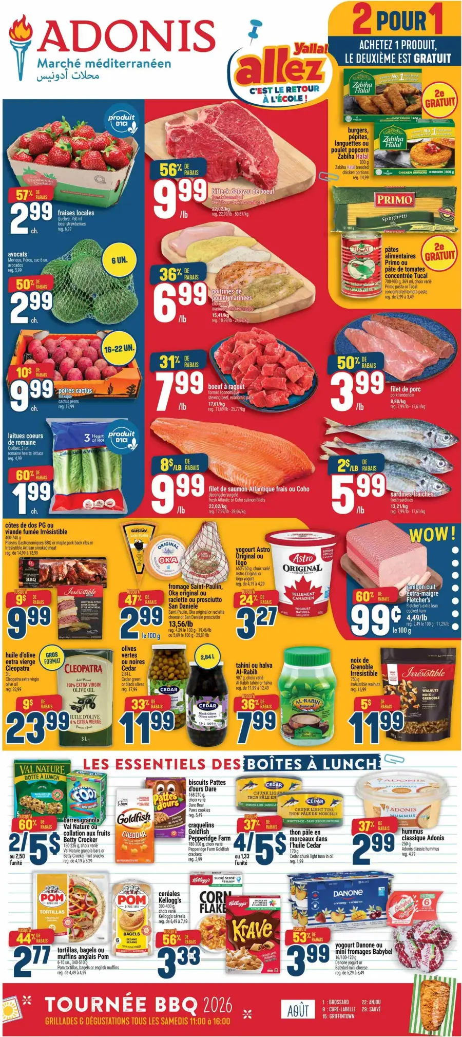 La page de couverture de la circulaire Adonis présente une ambiance estivale, axée sur des produits frais et des promotions attrayantes. Les catégories mises en avant incluent les fruits et légumes, les viandes, ainsi que des essentiels pour les boîtes à lunch. On y trouve des fraises locales, du bœuf à ragoût, et des filets de saumon, avec des rabais significatifs, comme 56 % sur le bifteck. La promotion "2 pour 1" sur certains produits halal attire également l’attention.