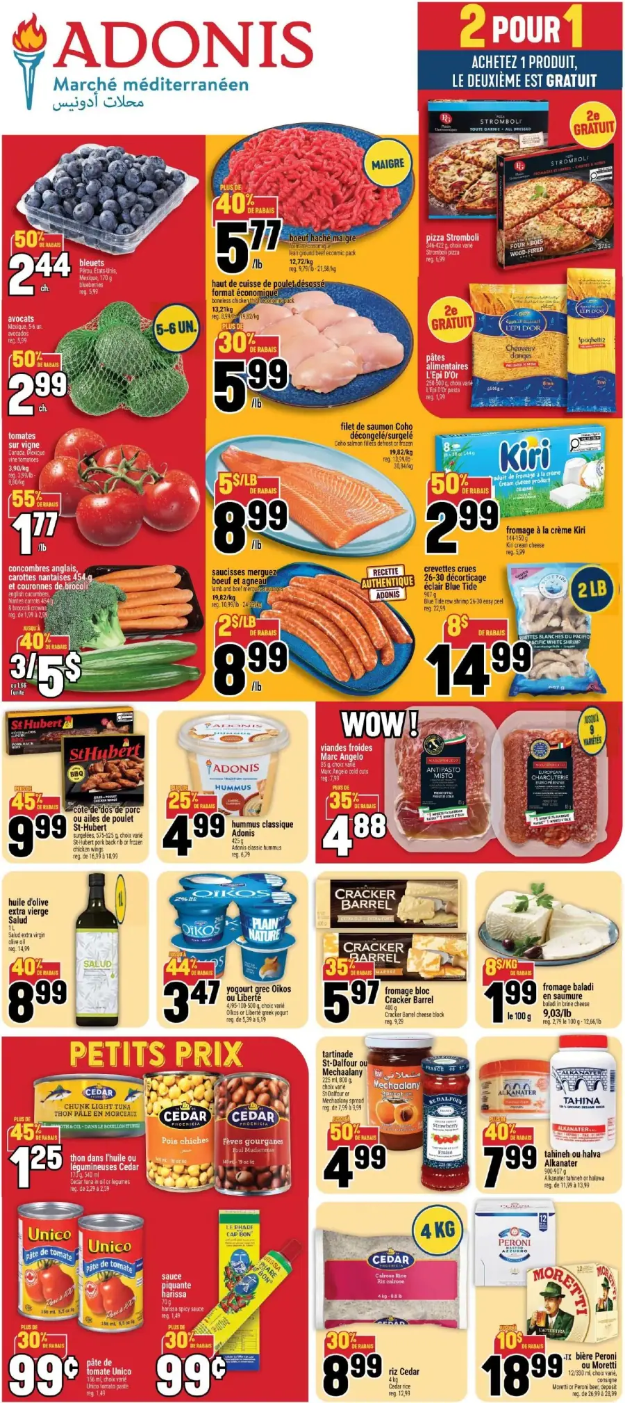 La page de couverture de la circulaire Adonis présente une ambiance colorée et dynamique, mettant en avant une variété de produits alimentaires. On y trouve des fruits et légumes frais, comme des bleuets, des avocats et des tomates, ainsi que des viandes, notamment du bœuf haché et du poulet. Les promotions incluent des offres "2 pour 1" sur des pizzas et des pâtes, ainsi que des réductions sur des produits laitiers comme le fromage Kiri. Les catégories de produits sont bien définies, offrant un aperçu attractif des meilleures offres de la semaine.
