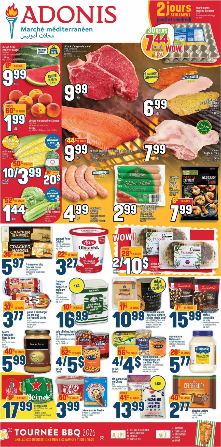La page de couverture de la circulaire Adonis présente une ambiance estivale, idéale pour les barbecues. Les catégories de produits mises en avant incluent viandes, fruits et légumes, produits laitiers, et articles de camping. Parmi les promotions notables, on trouve le bifteck à 9,99 $/lb, des pêches à 1,99 $/lb, et des pizzas à 2 pour 10 $. Les offres sont colorées et attrayantes, attirant l'œil sur les économies à réaliser.