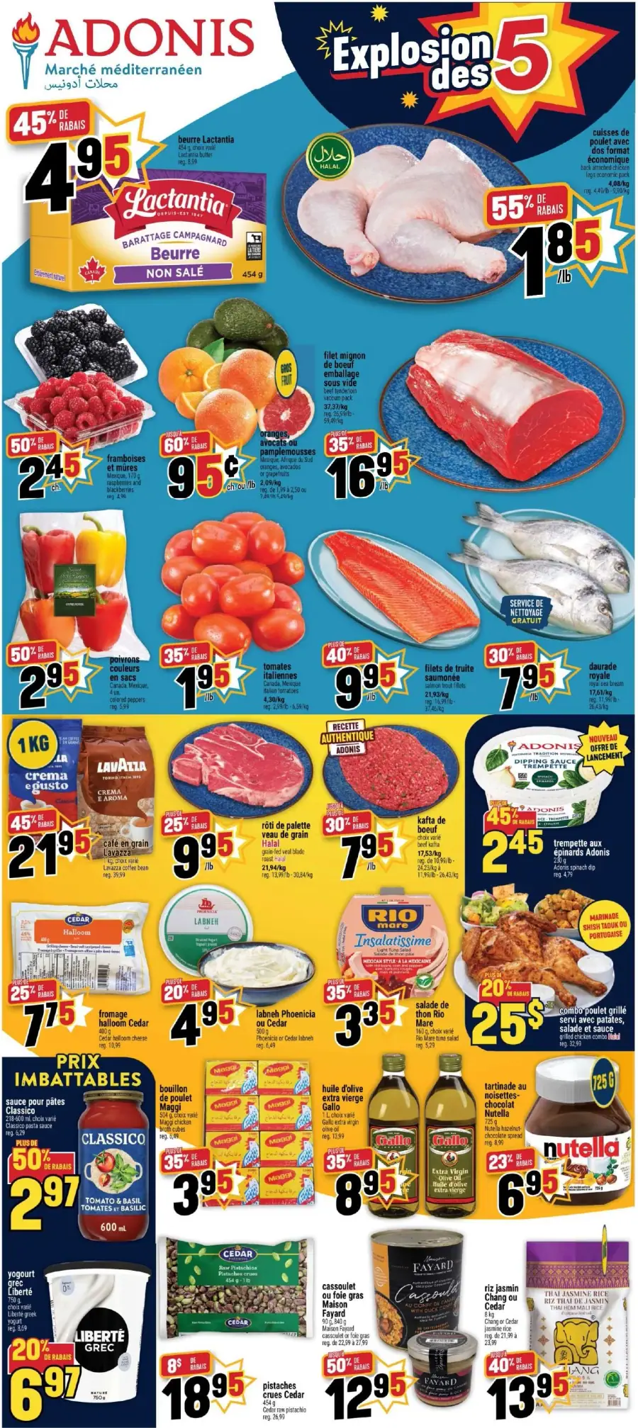 La page de couverture de la circulaire Adonis présente une ambiance colorée et dynamique, mettant en avant une variété de produits frais et de qualité. On y trouve des viandes, des fruits, des légumes, ainsi que des produits laitiers. Parmi les promotions notables, les cuisses de poulet et le beurre Lactantia affichent des réductions significatives. Les fruits comme les framboises et les oranges sont également mis en avant, attirant l’attention sur des offres attractives.