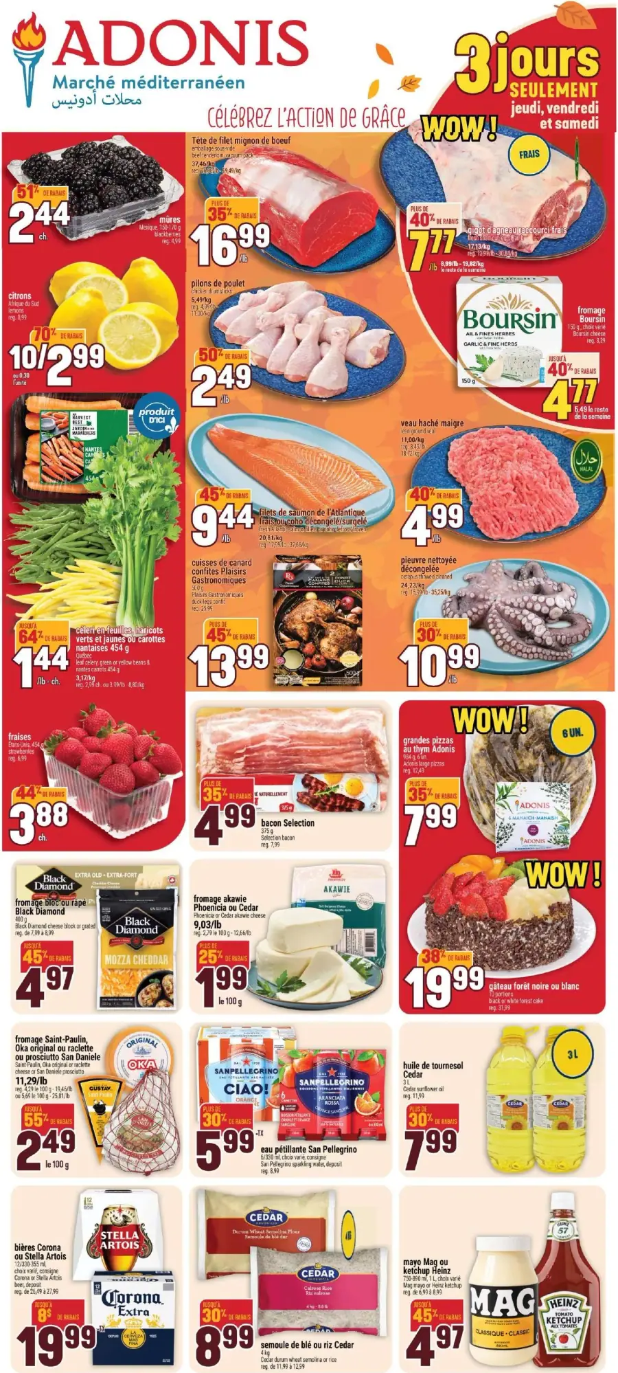 La page de couverture de la circulaire Adonis présente une ambiance festive pour célébrer l'Action de grâce, avec des couleurs vives et des promotions attrayantes. Les catégories de produits mises en avant incluent des viandes, des fruits, des légumes, et des produits laitiers. Parmi les promotions notables, on trouve des réductions sur le filet mignon de boeuf, des pilons de poulet, et des fraises. Des offres spéciales sont également signalées pour des produits comme le fromage Boursin et des pizzas.