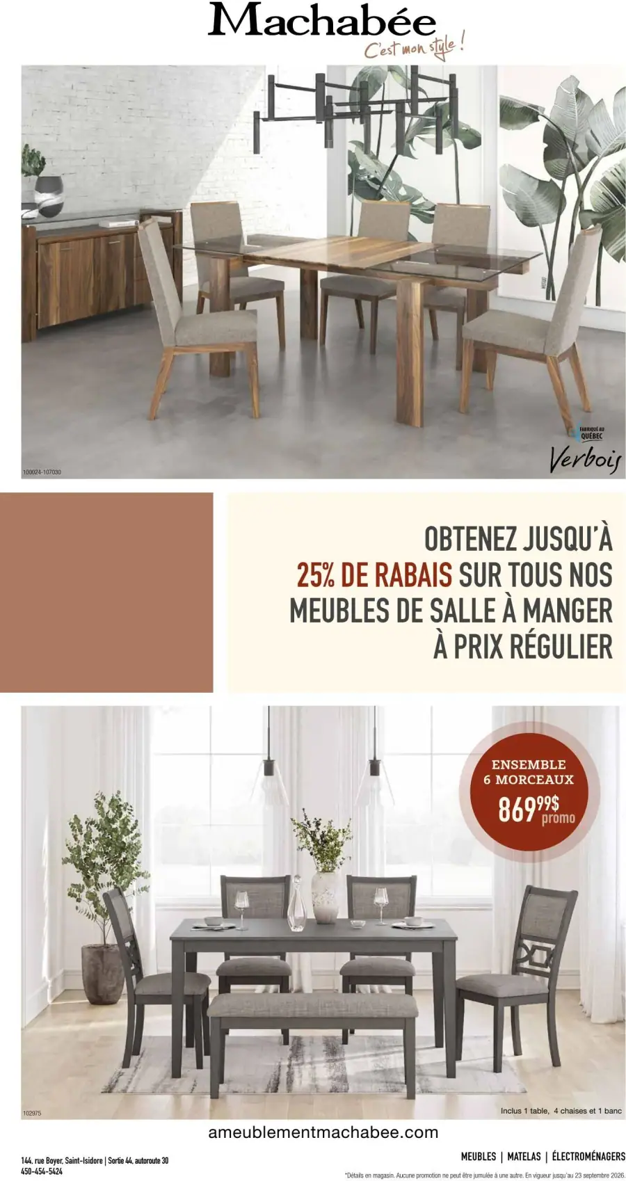 La page de couverture de la circulaire Ameublement Machabée présente une ambiance moderne et accueillante, mettant en avant des meubles de salle à manger. On y voit des ensembles élégants, comme une table en bois avec des chaises assorties et un banc, ainsi qu'une décoration intérieure lumineuse. Les promotions incluent jusqu'à 25 % de rabais sur tous les meubles de salle à manger et un ensemble de 6 morceaux à un prix promotionnel clairement affiché.