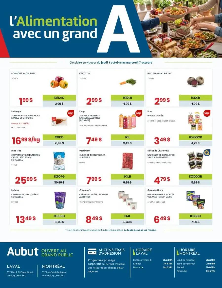 La page de couverture de la circulaire Aubut présente une ambiance conviviale et chaleureuse, illustrant des repas partagés. Les catégories de produits mises en avant incluent des légumes frais, des viandes, des produits surgelés et des collations. Parmi les promotions, on trouve des poivrons multicolores à 1,99 $, des carottes à 2,99 $ et des crevettes surgelées à 25,99 $. Les offres mettent l'accent sur des choix variés pour les repas de la semaine.