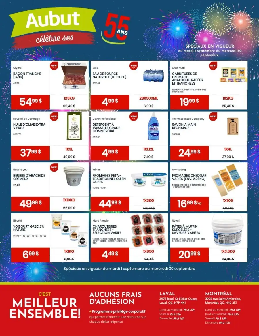 La page de couverture de la circulaire Aubut pour septembre 2026 présente une ambiance festive avec des feux d'artifice en arrière-plan, soulignant le 55e anniversaire de l'entreprise. Les catégories de produits mises en avant incluent des viandes, des produits laitiers, des huiles et des produits d'entretien. Parmi les promotions importantes, on trouve du bacon tranché Olymel, de l'eau de source Eska et du beurre d'arachide Nuts to You, tous à prix réduit. Les offres sont clairement affichées, attirant l'attention sur les économies à réaliser.