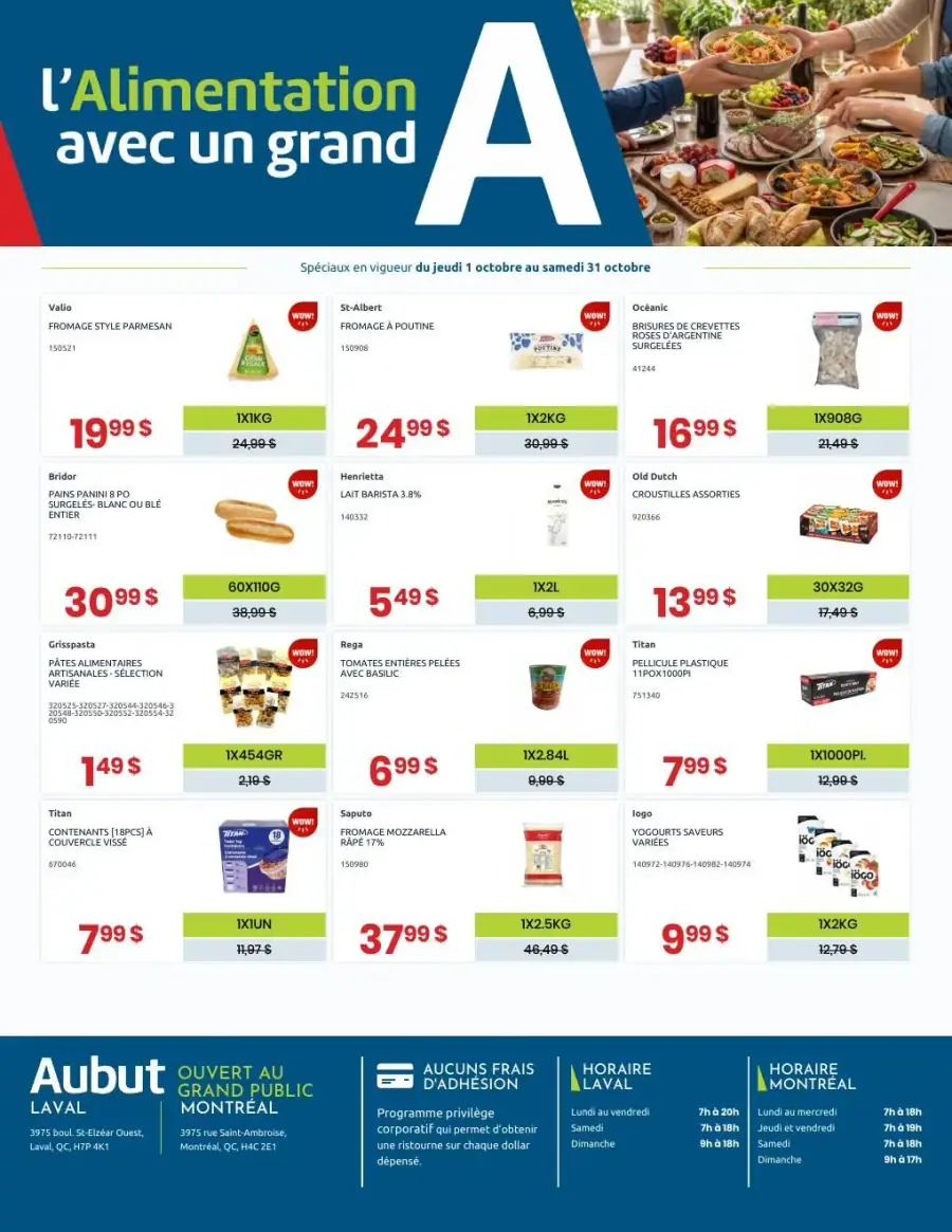 La page de couverture de la circulaire Aubut présente une ambiance conviviale et chaleureuse, mettant en avant des produits alimentaires variés. On y trouve des catégories telles que les produits laitiers, les pâtes, et les collations. Parmi les promotions notables, le fromage style parmesan Valio et les brisures de crevettes Oceanic attirent l’attention, avec des offres spéciales sur des quantités avantageuses.