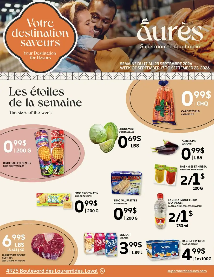 La page de couverture de la circulaire Aurès présente une ambiance chaleureuse et conviviale, mettant en avant des moments de partage en famille. Les catégories de produits incluent des légumes frais comme les carottes et le chou vert, ainsi que des produits laitiers et des collations. Parmi les promotions notables, on trouve des carottes à 0,99 $ pour 2 lb et des jarrets de bœuf à 6,99 $ par livre. Des produits comme le lait Silk et des gaufrettes Bimo sont également mis en avant, attirant l’attention sur des offres variées.