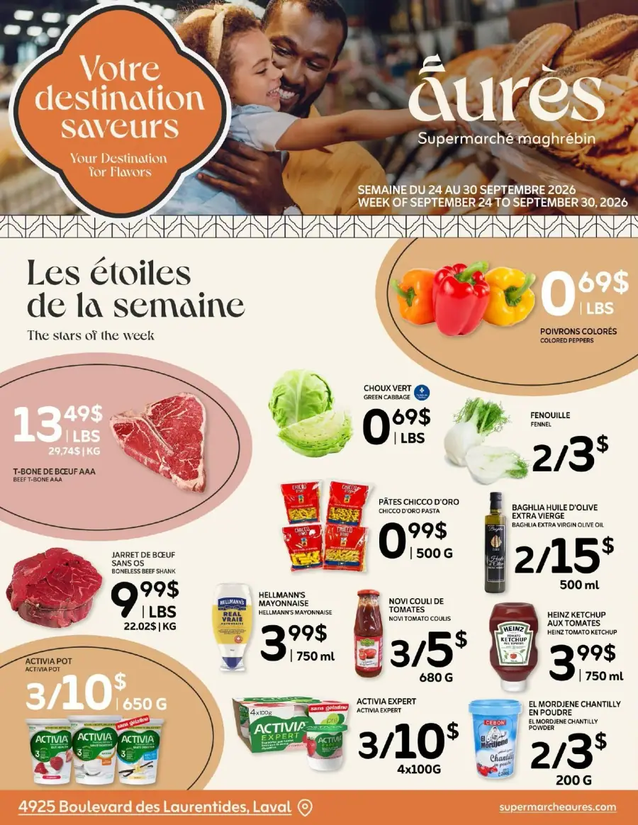 La page de couverture de la circulaire Aurès présente une ambiance chaleureuse et familiale, mettant en avant des moments de partage autour de la nourriture. Les catégories de produits incluent des viandes, des légumes frais, des pâtes, et des condiments. Parmi les promotions visibles, on note des poivrons colorés à 0,69 $/lb, du jarret de bœuf à 9,99 $/lb, et des pots Activia à 3 pour 10 $.