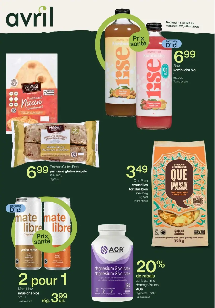 La page de couverture de la circulaire d'Avril présente une ambiance moderne et épurée, mettant en avant des produits sains. Les catégories de produits incluent des alternatives sans gluten, des boissons fermentées et des collations biologiques. Parmi les exemples notables, on trouve le kombucha Risé, le pain sans gluten Promise, et les croustillants Que Pasa. Des promotions visibles incluent un prix spécial sur le kombucha et une offre 2 pour 1 sur les infusions Mate Libre, ainsi qu'une réduction de 20 % sur la gamme de magnésium AOR.