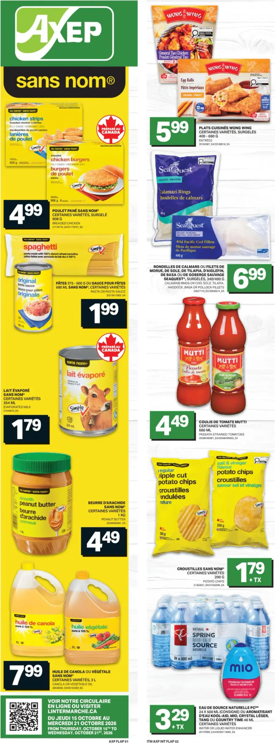 La page de couverture de la circulaire Axep présente une ambiance dynamique et colorée, mettant en avant une variété de produits alimentaires. On y trouve des catégories telles que les plats cuisinés, les produits de base comme les pâtes et le lait évaporé, ainsi que des collations. Parmi les promotions notables, on retrouve des burgers de poulet à 4,99 $, des rouleaux de printemps Wong Wing à 5,99 $ et des chips à 1,79 $.