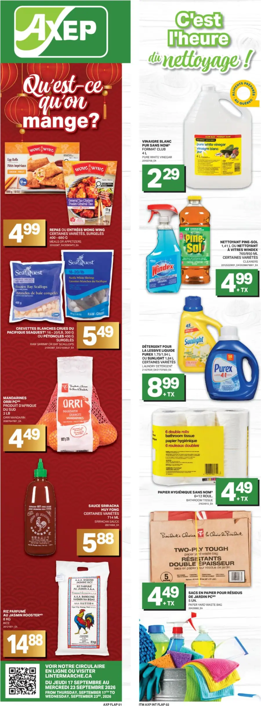 La page de couverture de la circulaire Axep présente une ambiance dynamique et colorée, axée sur des produits alimentaires et de nettoyage. Les catégories mises en avant incluent des plats surgelés, des fruits, des sauces et des produits d'entretien. Parmi les promotions, on trouve des repas Wong Wing, des crevettes SeaQuest, et des nettoyants Pine-Sol, soulignant des prix attractifs pour encourager les achats.