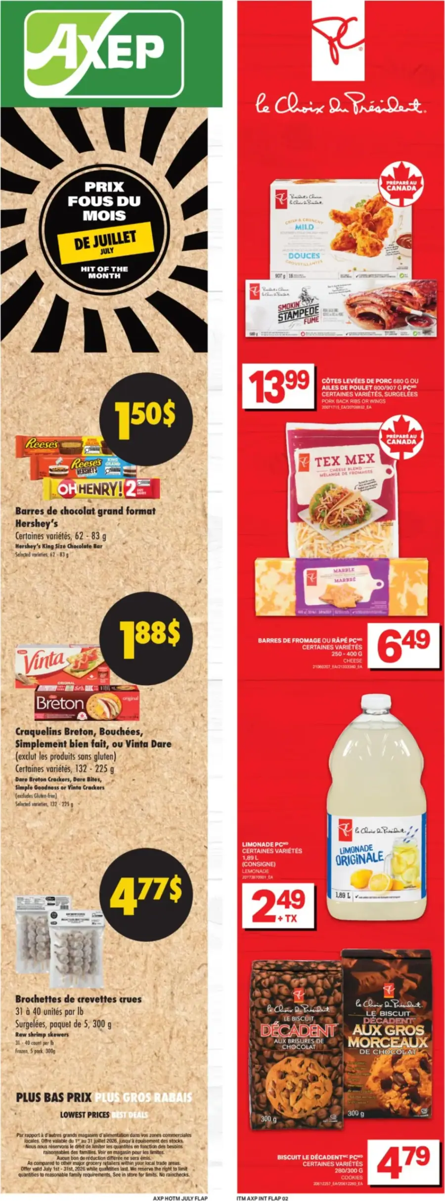 La page de couverture de la circulaire Axep présente une ambiance dynamique et estivale, mettant en avant des produits variés. Les catégories incluent des barres chocolatées, des craquelins, des viandes surgelées et des boissons. Parmi les promotions, on trouve des barres de chocolat à 1,50 $, des côtes levées de porc à 13,99 $ et des brochettes de crevettes à 4,77 $. Les produits sont clairement mis en valeur sur un fond attrayant.