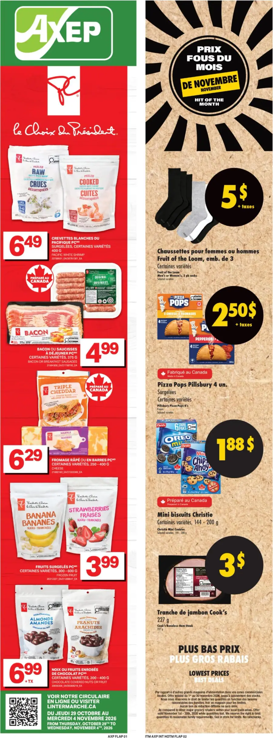 La page de couverture de la circulaire Axep présente une ambiance dynamique, mettant en avant une sélection variée de produits alimentaires. On y trouve des fruits surgelés, des produits laitiers, ainsi que des viandes comme le bacon et le jambon. Les promotions notables incluent des chaussettes à 5 $ et des Pizza Pops à 2,50 $. Les visuels colorés et les offres attrayantes attirent l’attention du consommateur.