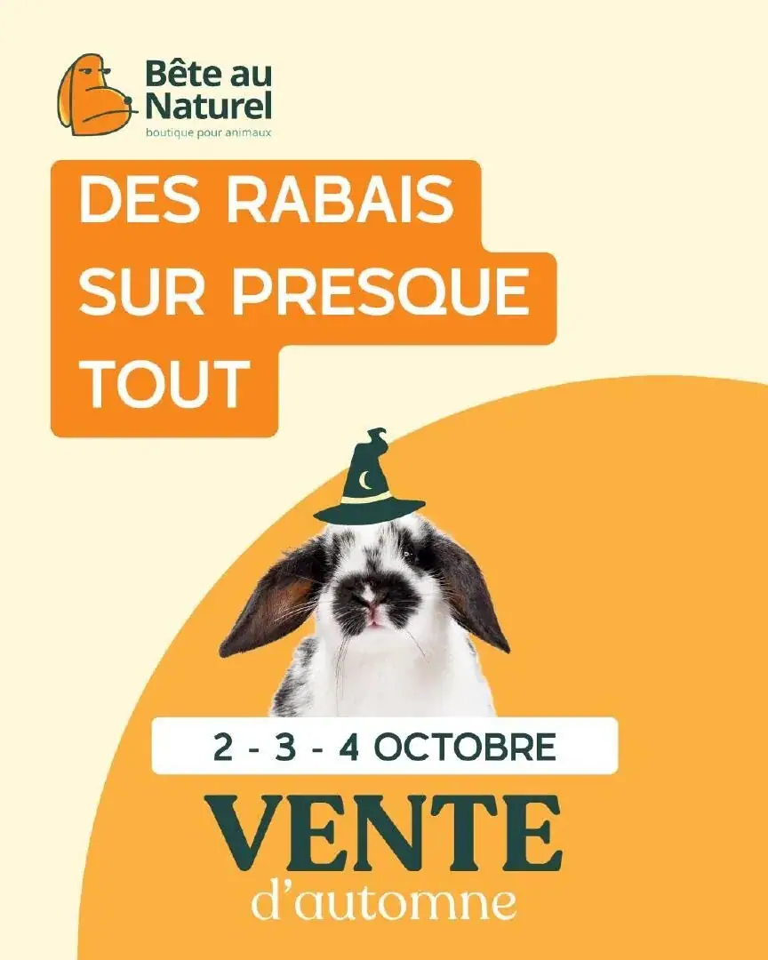 La page de couverture de la circulaire Bête au Naturel évoque une ambiance chaleureuse et automnale. On y retrouve un adorable lapin portant un chapeau de sorcier, attirant l'attention sur les produits pour animaux. Les catégories mises de l'avant incluent des aliments, des accessoires et des jouets. Les promotions importantes mentionnent des rabais sur presque tous les articles, soulignant l'événement de la vente d'automne qui se déroule du 2 au 4 octobre.