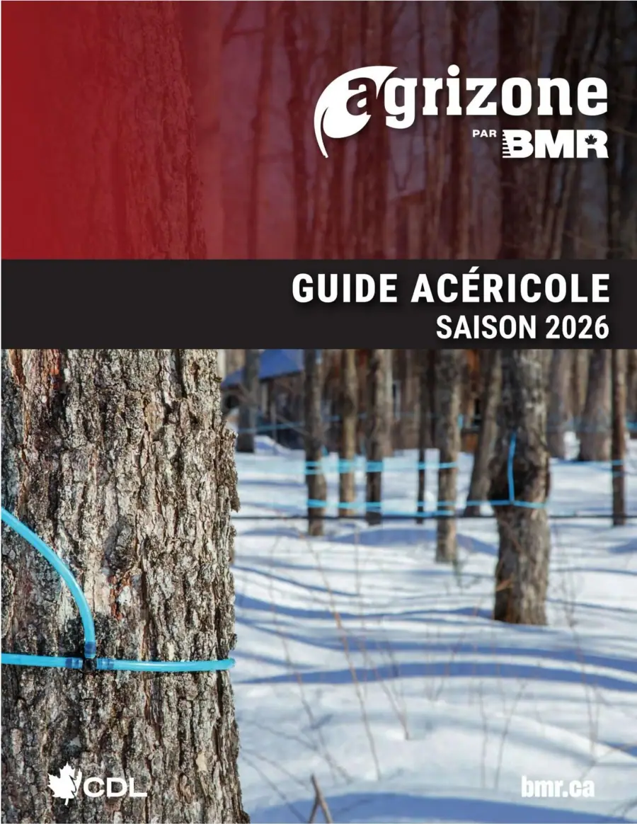 La page de couverture de la circulaire BMR Agrizone présente une ambiance hivernale, illustrée par des érables entourés de tubes bleus pour la récolte de la sève. Les catégories de produits mises en avant incluent des équipements acéricoles et des fournitures liées à l’érablière. Les promotions visibles soulignent des offres sur des outils et accessoires spécifiques pour la saison 2026, invitant à découvrir les nouveautés pour les producteurs d'érable.