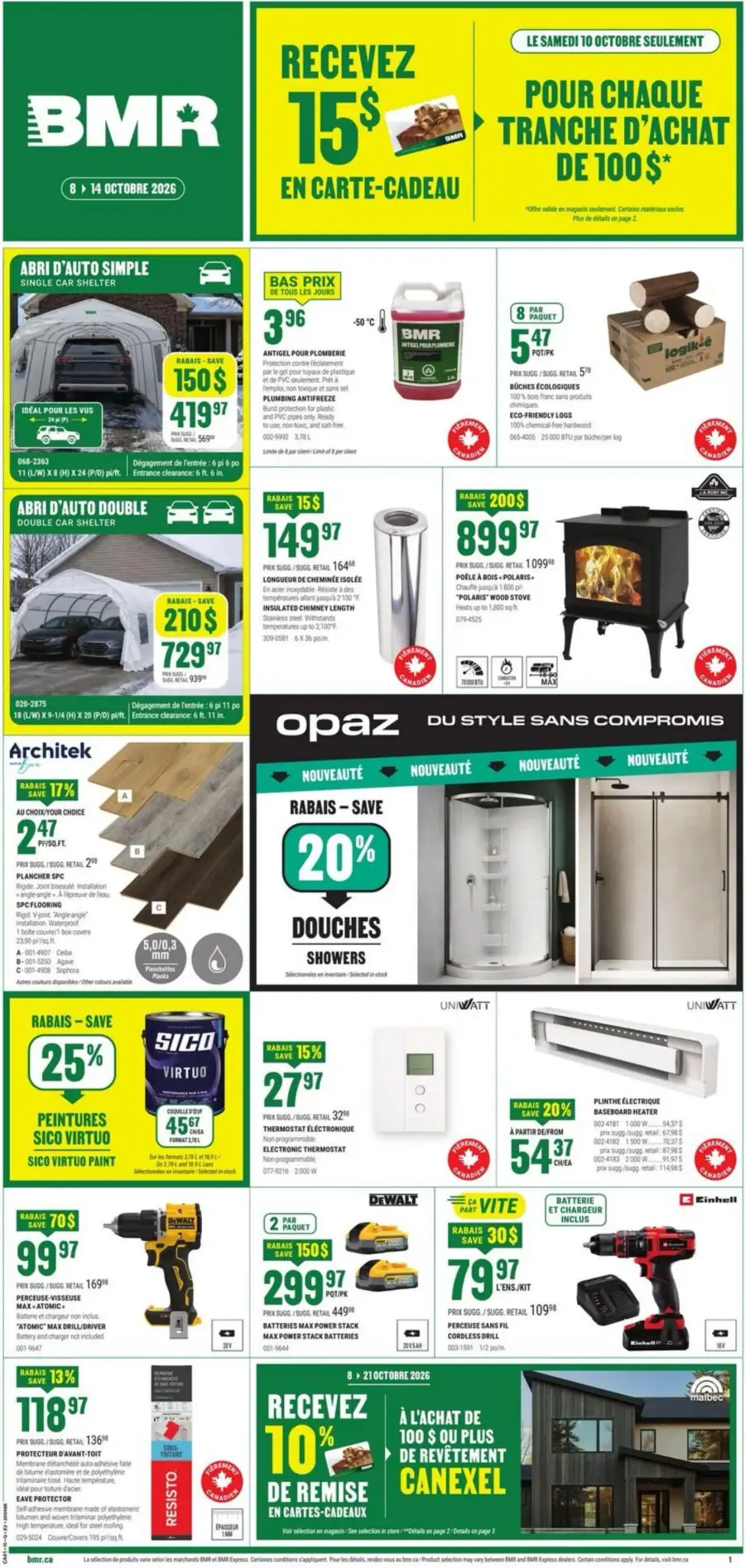 La page de couverture de la circulaire BMR présente une ambiance dynamique et accueillante, mettant en avant des produits variés pour l'amélioration de l'habitat. On y trouve des abris d'auto, des équipements de chauffage, ainsi que des matériaux de construction comme des planchers et des peintures. Les promotions notables incluent des rabais sur des abris d'auto et des réductions sur des équipements de bricolage, attirant l'attention sur les économies à réaliser.