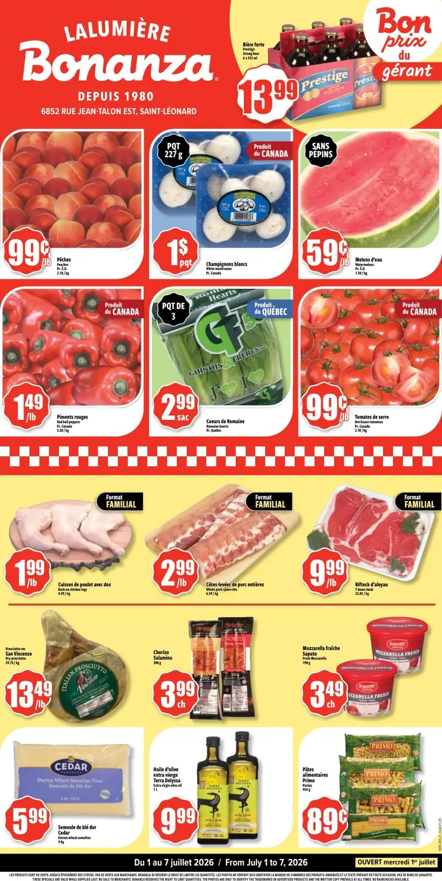 La page de couverture de la circulaire Bonanza Lalumière présente une ambiance dynamique et colorée, mettant en avant des produits frais et variés. On y trouve des fruits comme des pêches et des melons d'eau, ainsi que des légumes tels que des piments rouges et des cœurs de romaine. Les promotions incluent des prix attractifs sur des viandes, des fromages et des pâtes. Des produits locaux et canadiens sont également mis en valeur, soulignant l'engagement envers la qualité.
