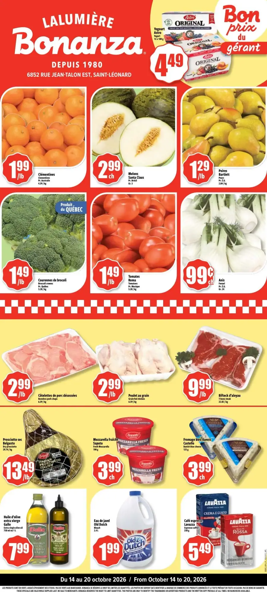 La page de couverture de la circulaire Bonanza Lalumière présente une ambiance colorée et accueillante, mettant en avant une sélection variée de produits frais. On y trouve des fruits comme des clémentines et des melons, ainsi que des légumes tels que le brocoli et les tomates. Les promotions incluent des prix attractifs sur le poulet, le prosciutto et divers produits laitiers, soulignant l'engagement envers des produits de qualité.