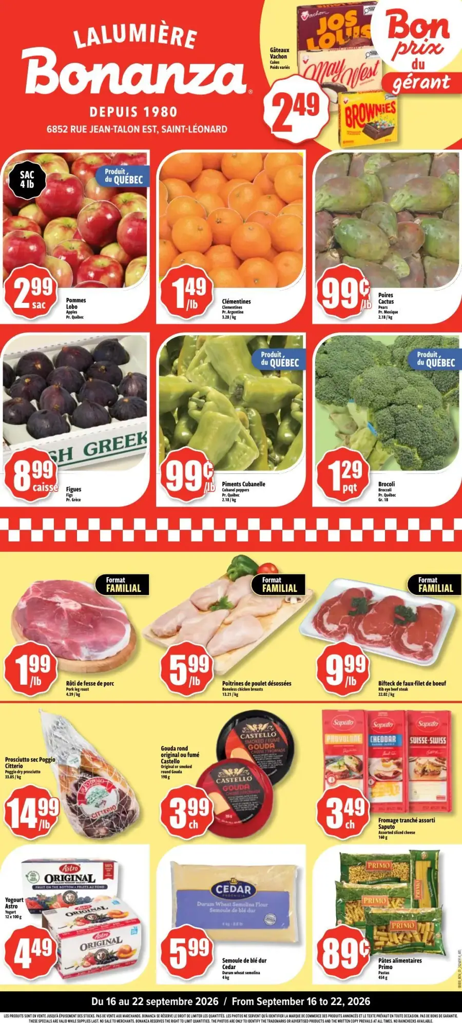 La page de couverture de la circulaire Bonanza Lalumière présente une ambiance dynamique et colorée, mettant en avant des produits frais et variés. On y trouve des fruits comme des pommes et des clémentines, ainsi que des légumes tels que le brocoli et des piments cubanelles. Les promotions incluent des viandes, des fromages et des produits laitiers, avec des prix attractifs visibles pour inciter à l'achat.