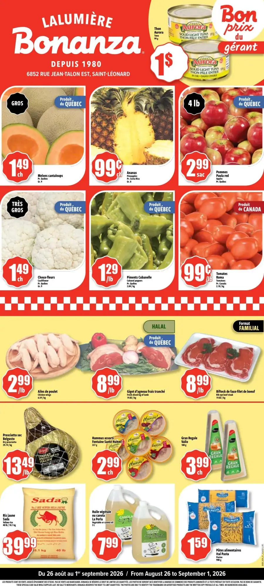 La page de couverture de la circulaire Bonanza Lalumière présente une ambiance colorée et accueillante, mettant en avant des produits frais et variés. Les catégories incluent des fruits et légumes, de la viande, ainsi que des produits d'épicerie. Parmi les promotions visibles, on trouve des melons cantaloups à 1,49 $ chacun, des pommes Paul red à 2,99 $ le sac, et des ailes de poulet à 2,99 $ la livre. Les produits locaux sont également mis en avant, soulignant l'origine québécoise de plusieurs articles.