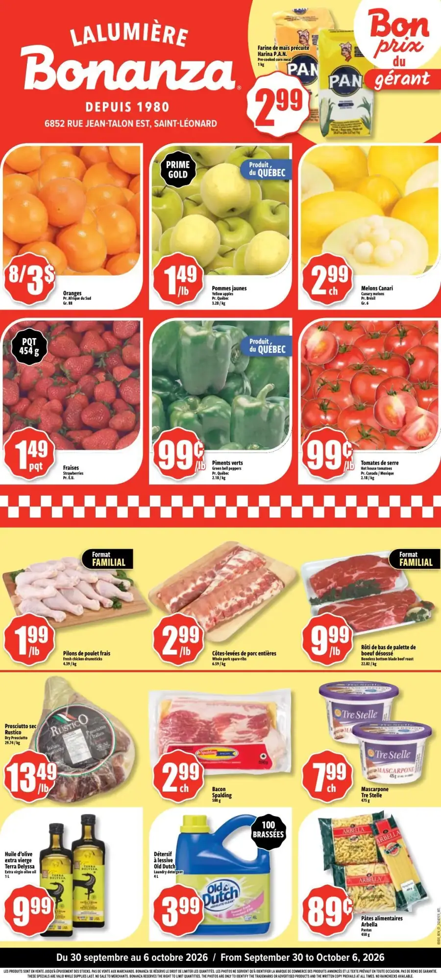 La page de couverture de la circulaire Bonanza Lalumière présente une ambiance dynamique et colorée, mettant en avant une variété de produits frais et de qualité. On y trouve des fruits tels que des oranges, des pommes jaunes et des fraises, ainsi que des légumes comme des piments verts et des tomates. Les promotions incluent des viandes comme les pilons de poulet et les côtes levées de porc, ainsi que des produits de consommation courante comme de l'huile d'olive et des pâtes. Les prix sont clairement affichés, attirant l'attention sur les bonnes affaires.