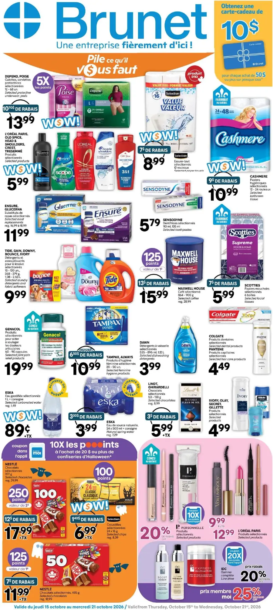 La page de couverture de la circulaire Brunet présente une ambiance dynamique et colorée, mettant en avant une variété de produits. Les catégories incluent les soins personnels, les produits ménagers, et les articles d'hygiène. Parmi les promotions, on trouve des rabais sur des marques populaires telles que L'Oréal, Tide, et Cashmere, ainsi que des points bonus sur certains achats. Des offres spéciales comme "WOW!" attirent l'attention sur des économies significatives.