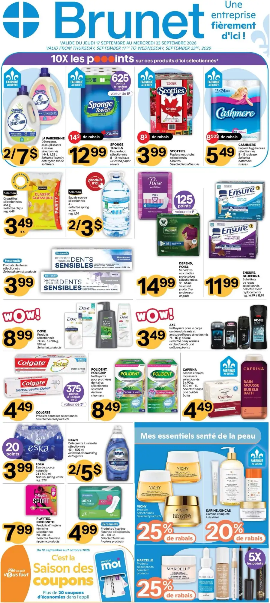 La page de couverture de la circulaire Brunet présente une ambiance dynamique et colorée, mettant en avant divers produits de consommation courante. On y trouve des catégories comme les détergents, les articles de soins personnels et les produits d'hygiène. Par exemple, des promotions sur les essuie-tout Sponge Towels et les papiers hygiéniques Cashmere attirent l'attention. Les offres incluent également des points de récompense sur certains produits, créant ainsi un incitatif à l'achat.